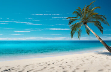 Paradise beach with a palm tree shadow on white sand and crystal-clear turquoise water