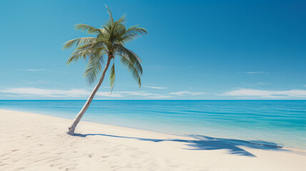 Fototapeta na wymiar Relax at a paradise beach with a palm tree, white sand and crystal-clear turquoise backdrop
