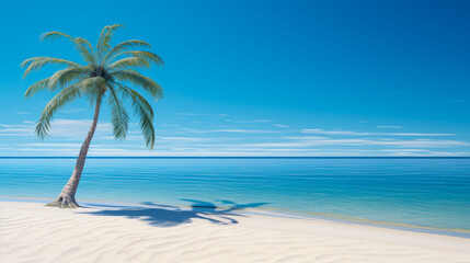 Fototapeta na wymiar Palm tree on a paradise beach with white sand and crystal-clear turquoise water, ideal retreat