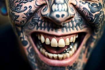 Wide sinister smile of a young person with tattoos on the face