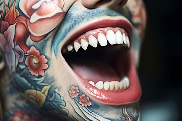 Wide smile with pointed teeth of a young man with tattoos on his face