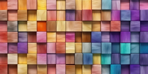 Abstract Geometric Rainbow Colors Colored 3D Wooden Square Cubes Texture Wall Background Banner Illustration Panorama Long