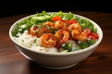 White bowl with rice and vegetables, vegan food.