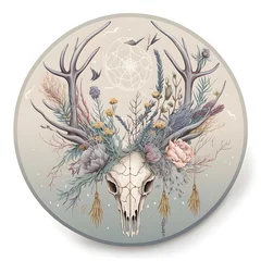 Papier Peint photo Crâne aquarelle round design elk skull witchy theme dried thistle and willow branches bugs wildflowers pastel colors watercolor flowers spiderweb hanging from antlers with other bugs 