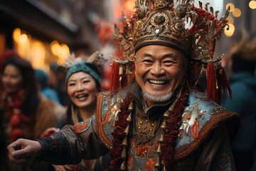 Naklejka premium People wearing traditional Chinese masked costume for celebration new year