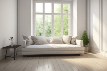 Simple sofa by window, 3D render. Wooden floors, white walls. White fabric furniture. Frameless window views garden. Generative AI