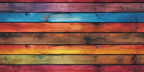 Naklejka premium Old Rustic Abstract Painted Wooden Wall Table Floor Texture - Wood Background Panorama Banner Long, Rainbow Painting Colors LGBT