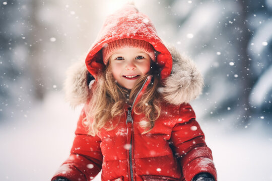 Cute little girl in red coat playing outdoor in cold winter day.