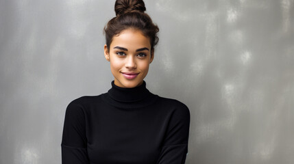 Portrait of a young woman in black sweater, embodiment of confidence - obrazy, fototapety, plakaty