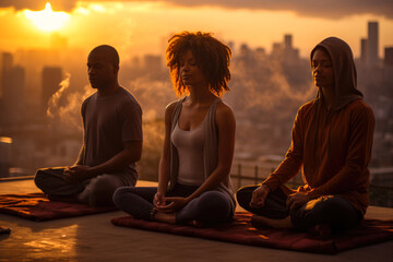 Doing a yoga class in sunset on a rooftop terrace