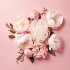 Beautiful Peonies, roses on pink background with copy space. Generative AI image weber.