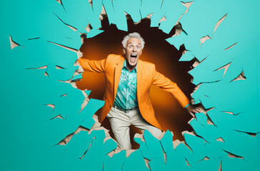 A funny elderly man in a orange suit with a silly face bursting through a blue paper wall. In the style of comical surprises