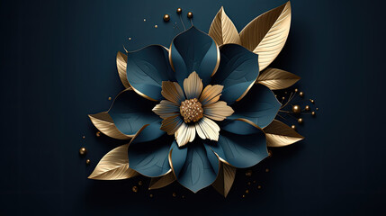 a blue flower with gold leaves on a black background.   Illustration of a Navy color flower, Perfect for Wall Art.