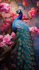 Colorful peacock on the background of pink sakura branches © pundapanda