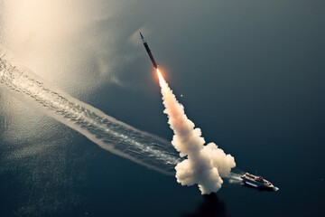 missile been lauched from ship. smoke trail - obrazy, fototapety, plakaty