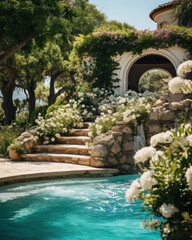 Swimming pool at home in a warm Mediterranean climate , outdoor pool with scattered shrubs and flowers around it