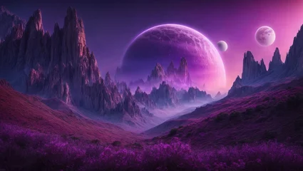 Foto op Plexiglas An alien planet with high, rugged mountains covered in purple vegetation. In the sky, multiple moons shine, bathing the landscape in an ethereal light. © caio