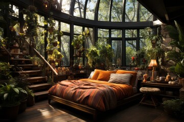 A bohemian - style bedroom with colorful textiles, hanging plants, and a low - slung platform bed