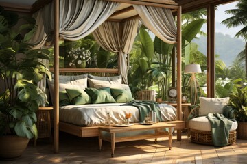 bedroom in tropical paradise style with palm leaf prints, bamboo furniture, and a canopy bed