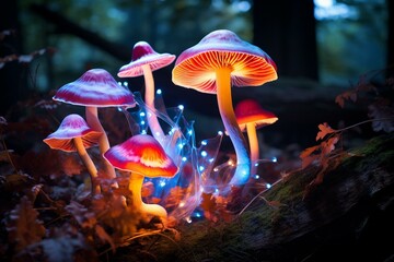 Glowing, trippy fungi with enchanting properties. Generative AI - obrazy, fototapety, plakaty