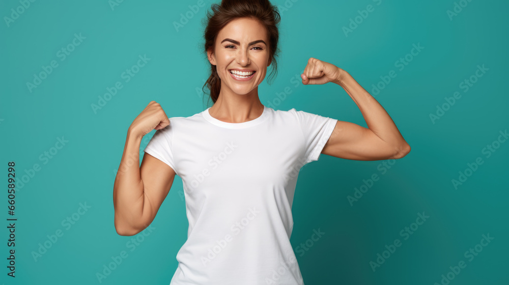 Wall mural Young female standing in front of camera in white T-shirt , isolated on blue background