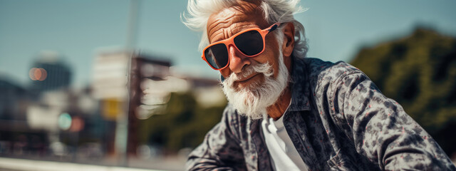 Stylishly dressed senior man on the street background