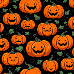 Happy pumpkin faces in seamless Halloween patterns perfect for spooky designs.