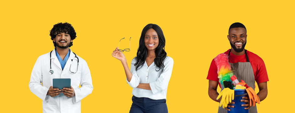 People from multiple professions posing over yellow background