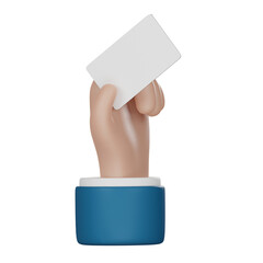 Cartoon hand holds out blank paper label or tag on white background. Businessman hand holding white paper. 3D illustration.