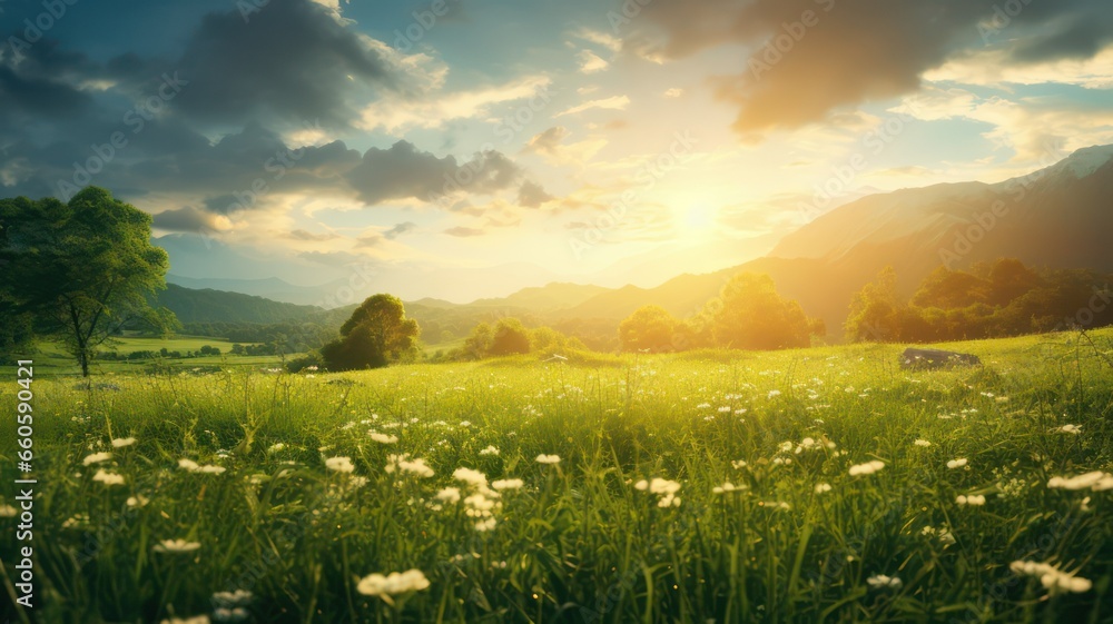 Poster soft sunlight shining over green meadow created with generative ai