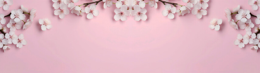 Fototapeta na wymiar White seamless flowers on branch, pastel pink background, texture, banner with space for text and design