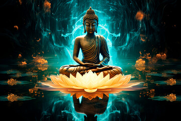 A Buddha statue sitting on top of a body of water. Generative AI