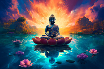 A Buddha statue sitting on top of a body of water. Generative AI - obrazy, fototapety, plakaty