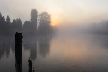 Foggy morning sunrise on the Snohomish River