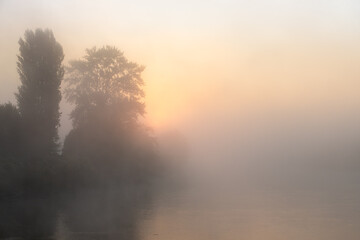 Fototapeta na wymiar Foggy morning sunrise on the Snohomish River