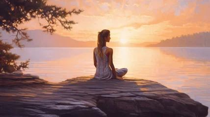 Foto op Canvas Woman Backlit in Yoga Pose in calm sunrise Zen. Generative AI image weber. © Summit Art Creations