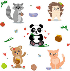 Fototapeta premium Raccoon, hedgehog, panda, bear, cat, vector