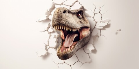 Cute T-Rex peeking out of a hole in wall, torn hole, empty copy space frame, mockup. Generative AI...
