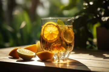 an invigorating glass of cold tea with citrus slices, positioned on a bright outdoor table. Generative AI