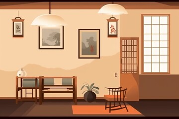 Illustration of a wall decor frame hanging in a Japanese style room, an empty frame in a living room. Generative AI