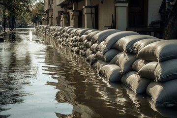 Flood barriers made of sandbags in front of submerged houses in a compilation. Generative AI