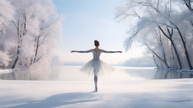 An ice skater performing a pirouette on a frozen lake surrounded by snow-dusted trees.