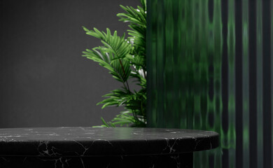 Empty black marble table and tropical plant behind textured glass panel. Home interior showroom background.  Luxury tabletop counter product placement montage.