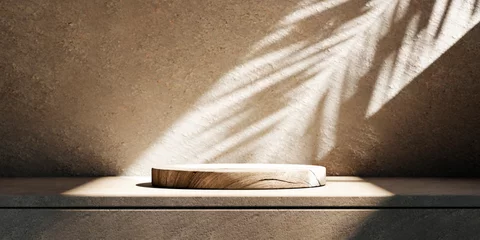 Foto op Plexiglas Wood podium stand for beauty and cosmetic product placement in natural interior scene. Stone wall and shelf countertop with palm leaf shadow. Neutral tropical aesthetic background. Spa and bathroom  © hitdelight