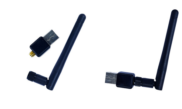 Black wireless usb IEEE 802.11 with antenna isolated on white background