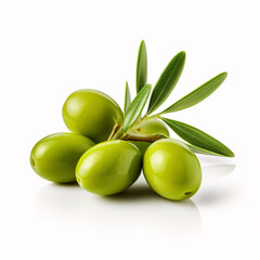 Delicious green olives with leaves, isolated on white background