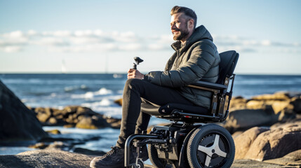 Naklejka premium A man in a wheelchair on the ocean shore