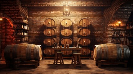 A cozy wine cellar with brick walls, the wooden barrels awaiting wine brand promotions or art. - obrazy, fototapety, plakaty