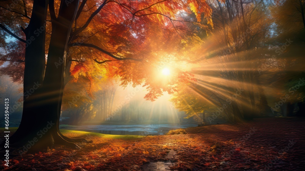 Poster sunrays over colorful autumn leaves created with generative ai