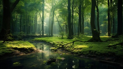 Obraz premium A lush green forest during springtime, with sunlight filtering through, leaving space for overlay content.